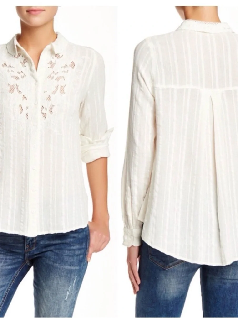 Free People Carter dobbie ivory Button-Front embroidered cotton blouse medium